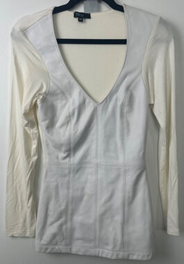 Sky Brand White Real Leather Accent Women M Sexy Vneck Top LS Party A42